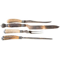 19th Century Carving Knives and Fork with Silver and Antler Horn Handles