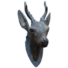 Carved Wood Sculpture of a Deer Mount Head in Black Forest Style, 19th Century