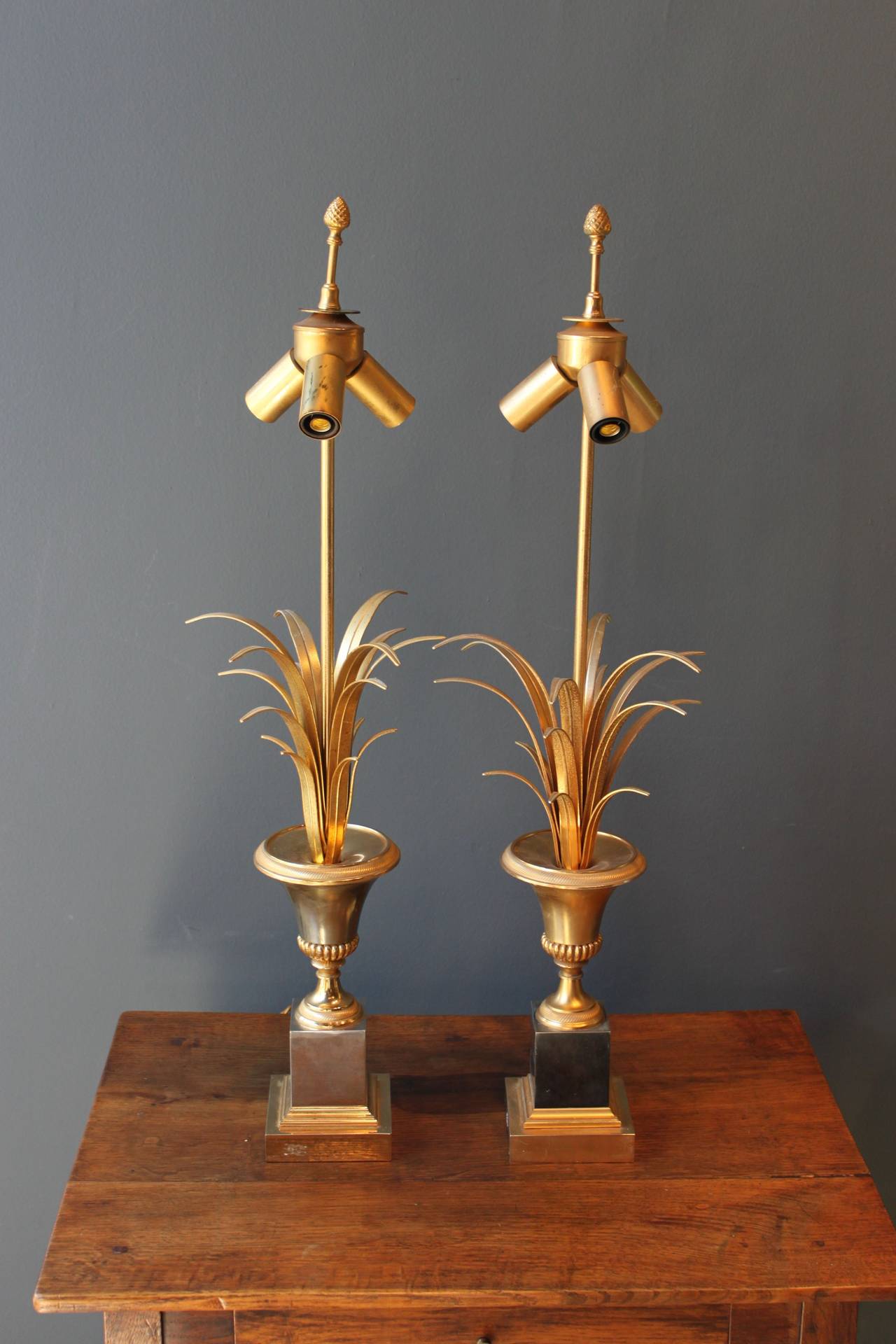 Neoclassical Pair of Brass Lamps in the Style of Maison Charles, France, Mid-20th Century