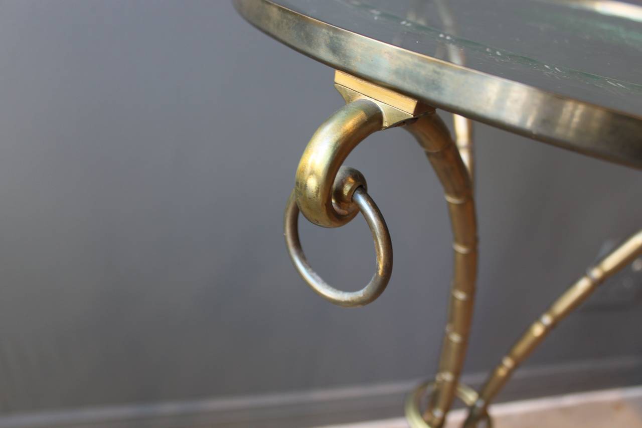 Neoclassical French Faux Bamboo Brass Gueridon with Etched Glass Top, circa 1940s