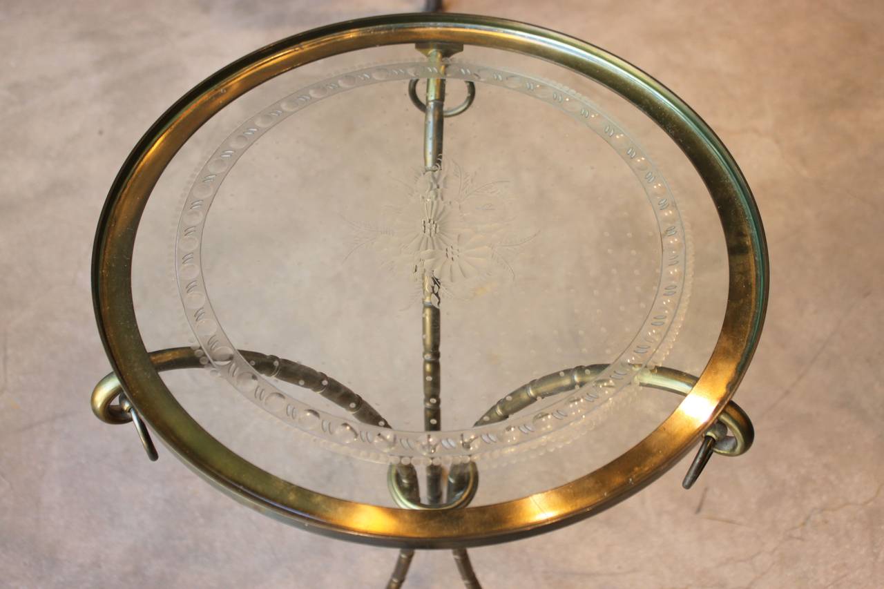 French Faux Bamboo Brass Gueridon with Etched Glass Top, circa 1940s 1