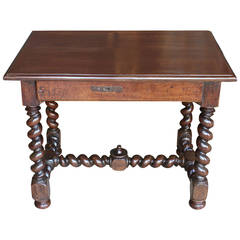 Louis XIII Barley Twist Walnut Side Table with Drawer, France, 18th Century