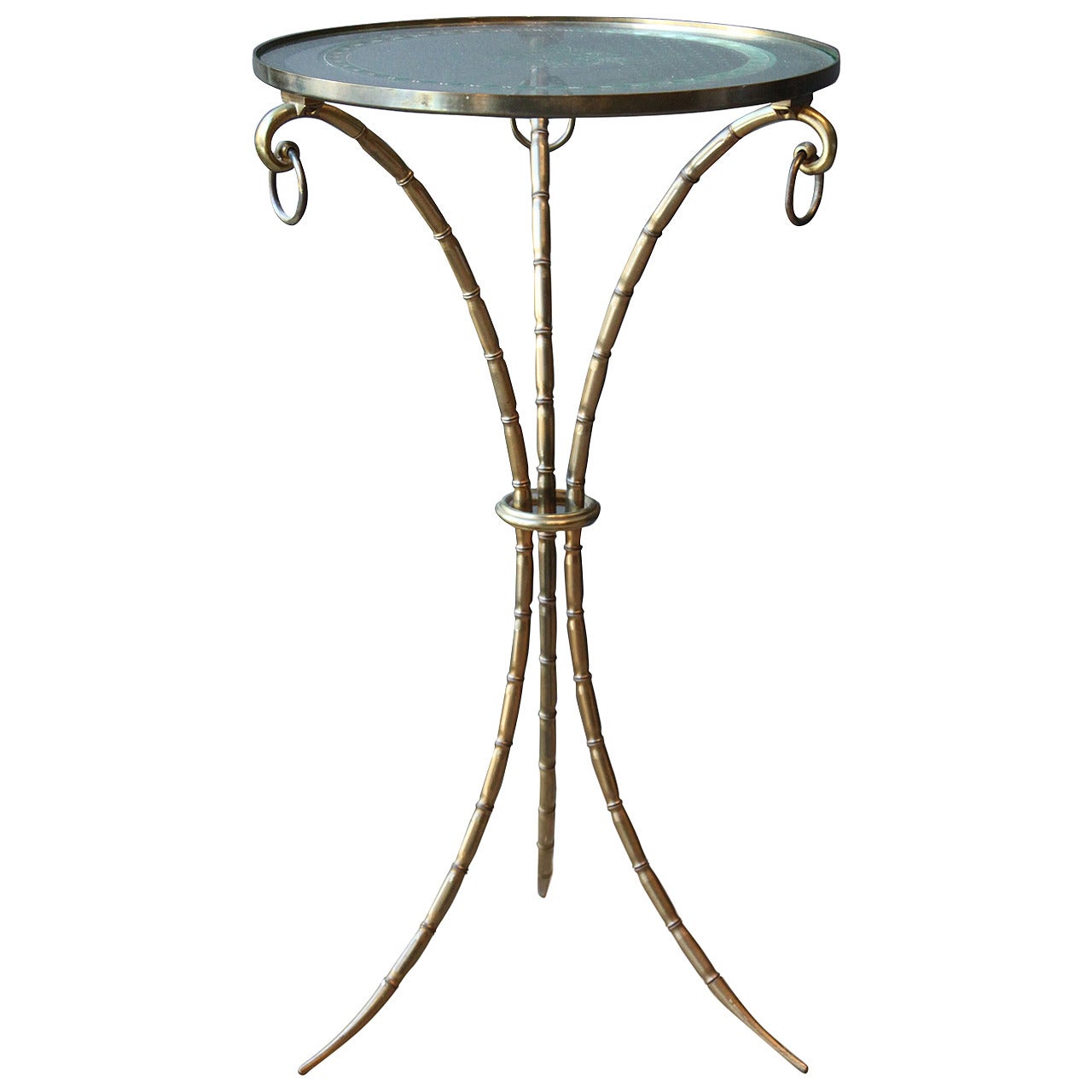 French Faux Bamboo Brass Gueridon with Etched Glass Top, circa 1940s