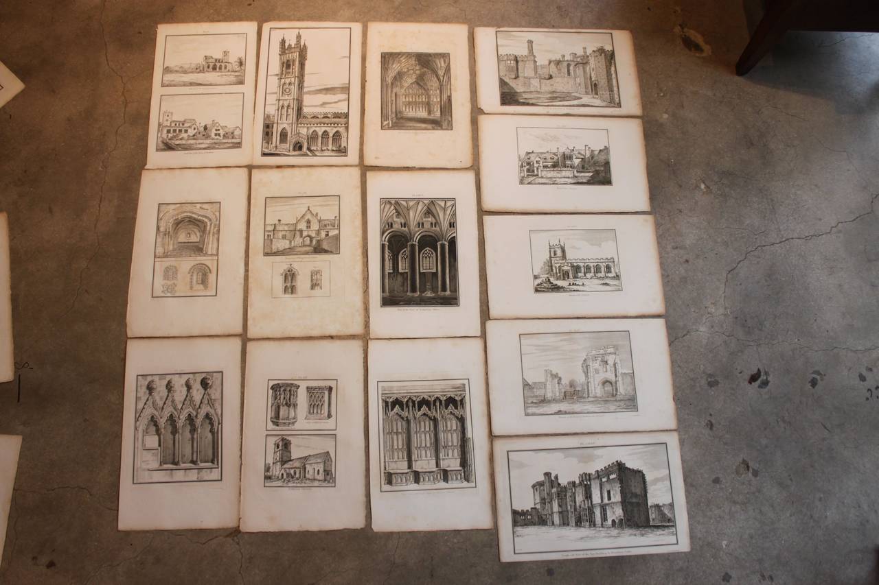 Gothic Set of 32 English Copperplate Engravings of Cathedrals, 18th Century