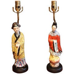 Vintage Pair of Porcelain Lamps of Male and Female Chinese Figures, 20th Century