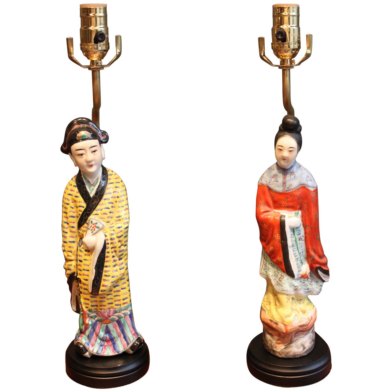 Pair of Porcelain Lamps of Male and Female Chinese Figures, 20th Century