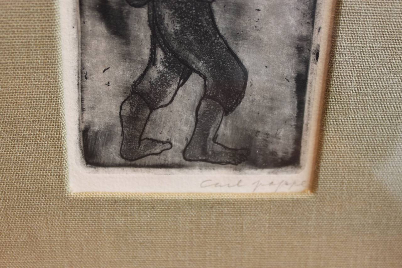 Original Carl Pappe etching of male figure in vintage gilt frame with an olive linen mat, artist signed in pencil.

Carl Lewis Pappe 'Carl Pappe' was a major 20th century painter, printmaker and sculptor. 

In 1929 Pappe worked as a stage