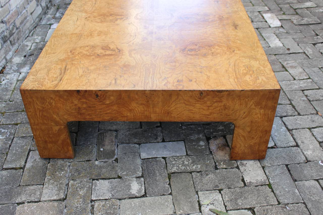 Lovely burled wood coffee or cocktail table attributed to Milo Baughman from the mid-20th century. This table is in excellent restored condition.