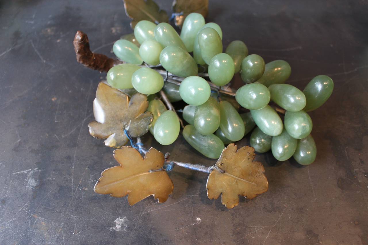 Chinese Export Collection of Four Chinese Jade Grapes on Wood, 20th Century For Sale