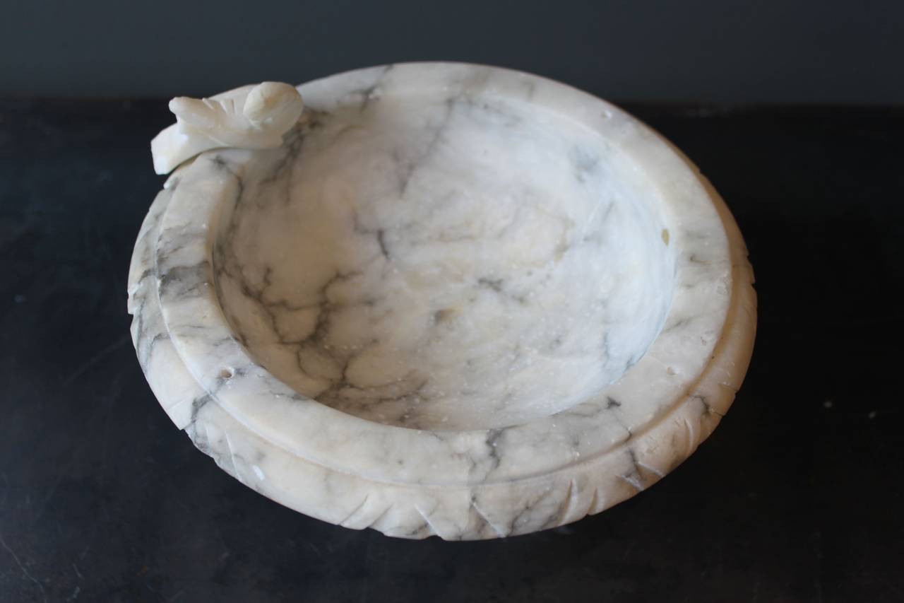 White Carrara marble footed bowl with detachable carved bird.