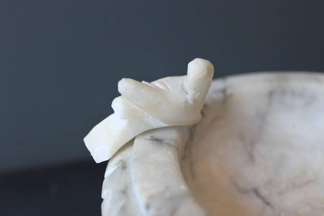 Italian White Carrara Marble Footed Bowl with Carved Bird