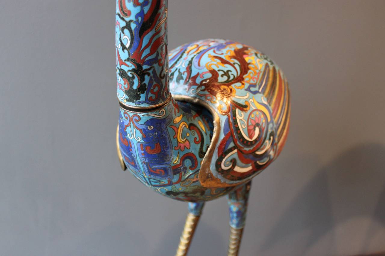 Monumental Chinese Bronze and Cloisonné Crane Pricket 1