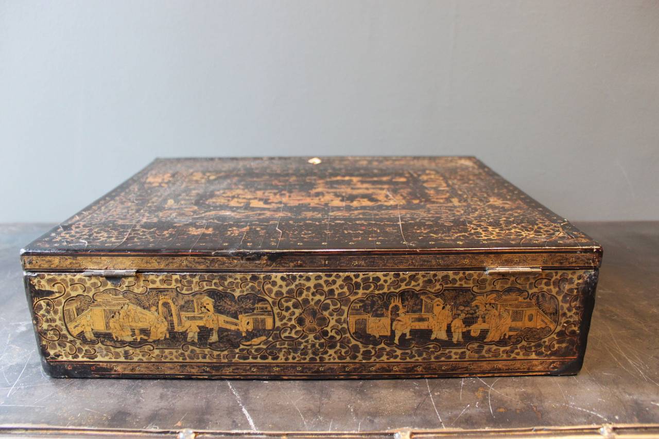 Mid-19th Century Chinese Black and Gold Lacquer Writing Box For Sale 1