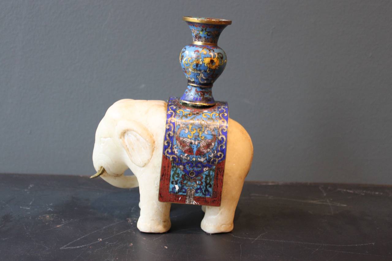Chinese Marble Elephant with Cloisonne and Brass Tusks In Good Condition In San Antonio, TX