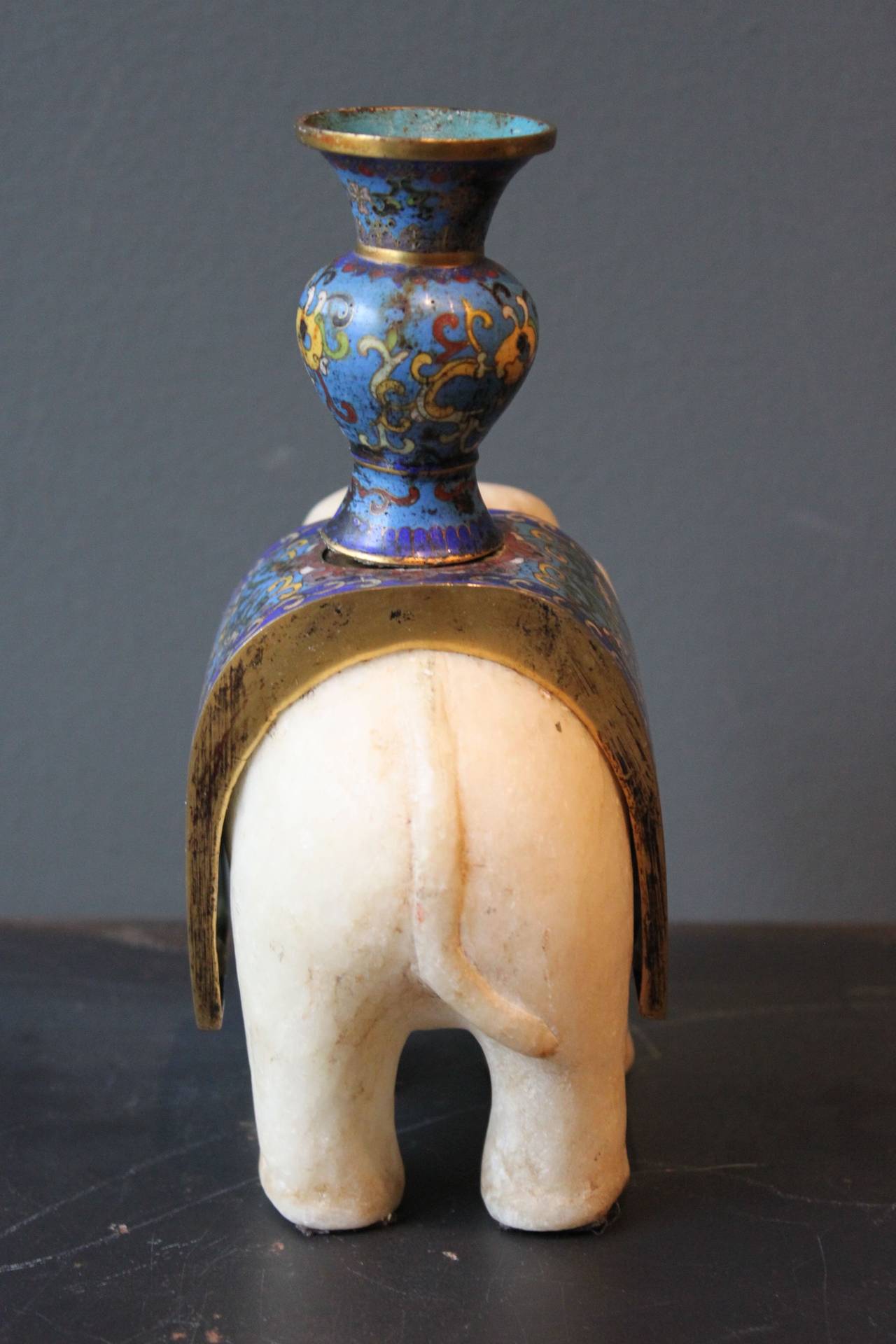 20th Century Chinese Marble Elephant with Cloisonne and Brass Tusks