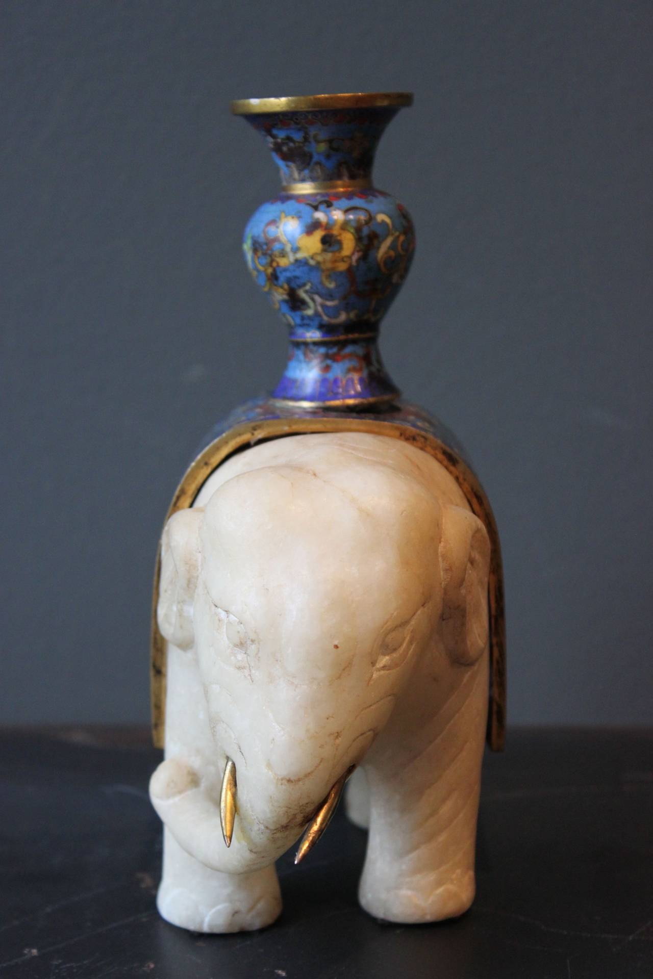 Chinese Export Chinese Marble Elephant with Cloisonne and Brass Tusks