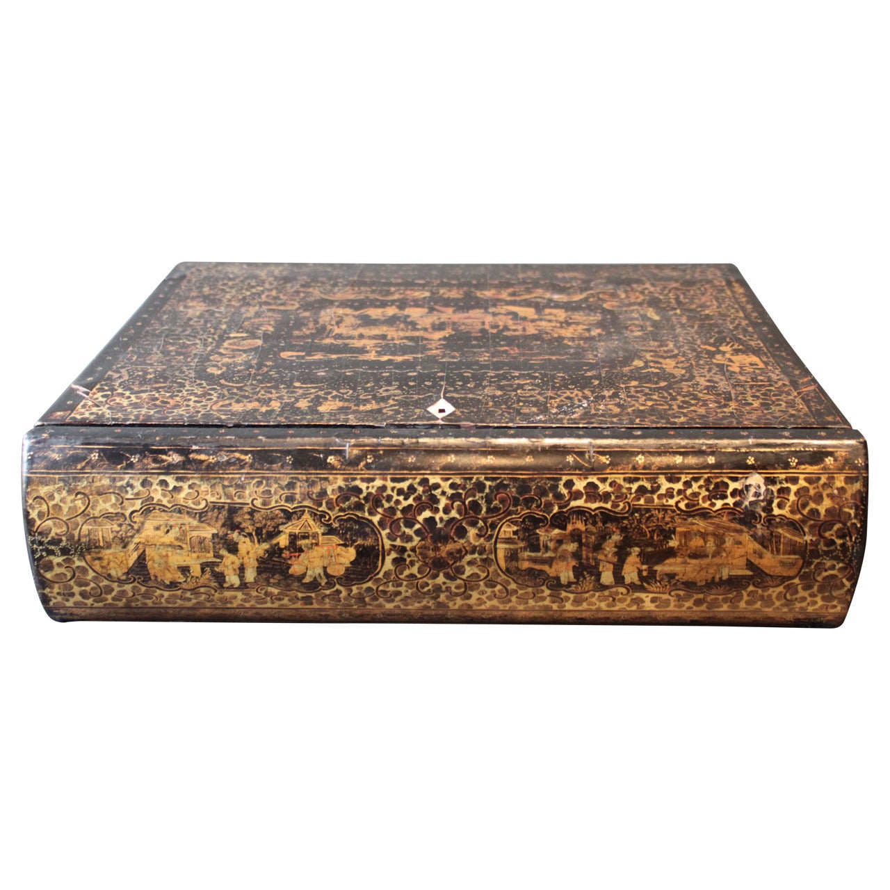 Mid-19th Century Chinese Black and Gold Lacquer Writing Box For Sale