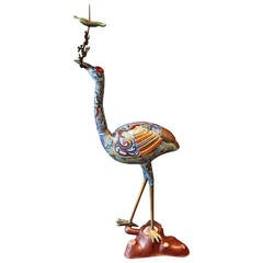 Monumental Chinese Bronze and Cloisonné Crane Pricket