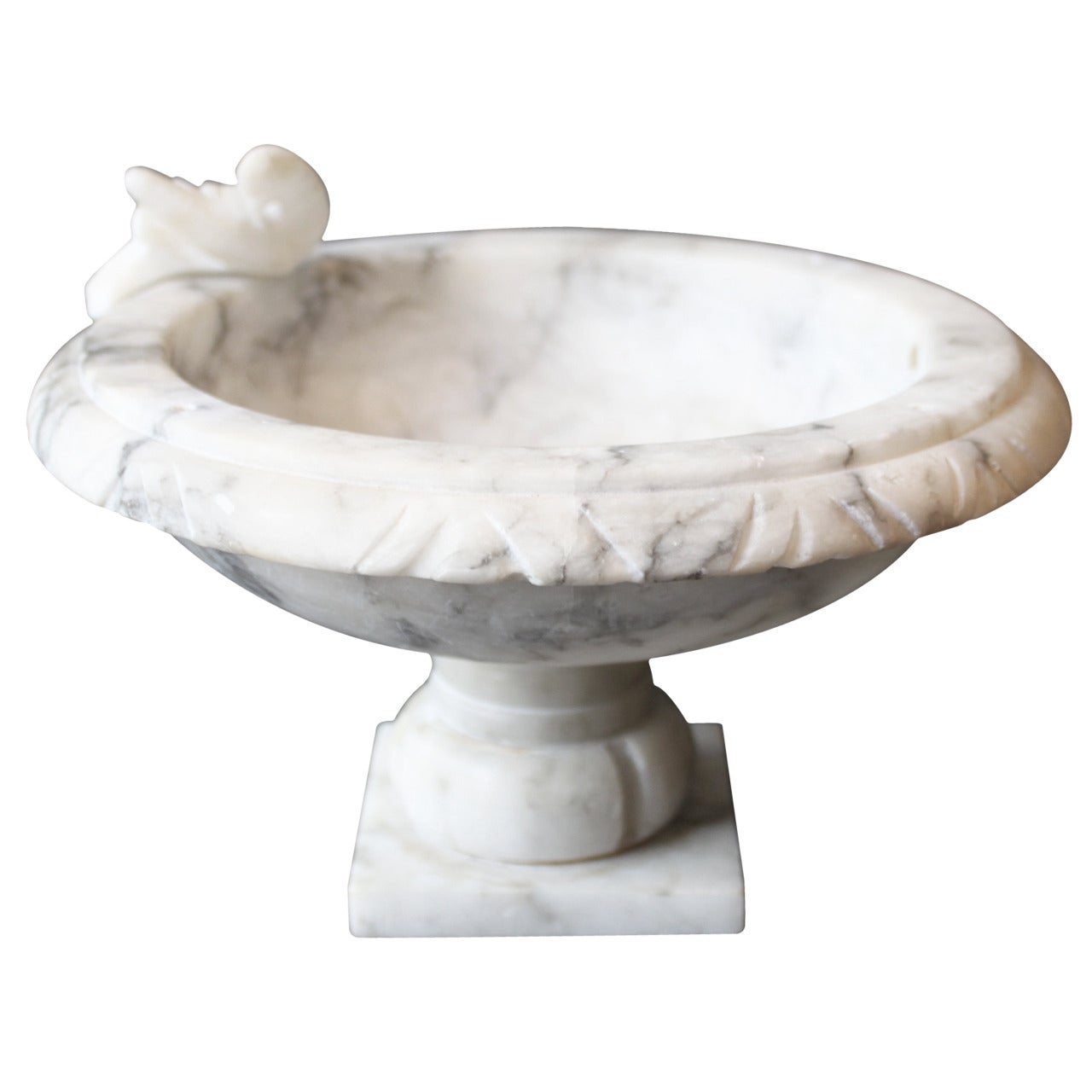White Carrara Marble Footed Bowl with Carved Bird