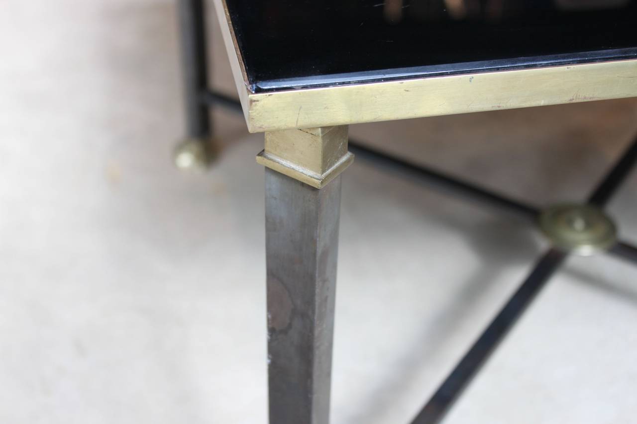 Maison Jansen Style French Steel, Brass and Black Opaline Glass Side Table