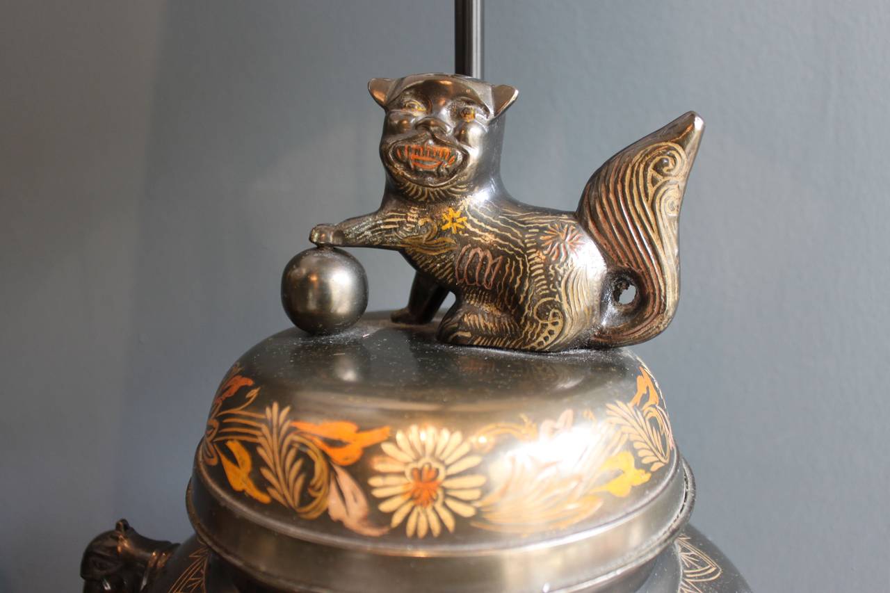 Mid-Century Modern Pair of Marbro Censer Lamps with Foo Dogs and Elephant Handles