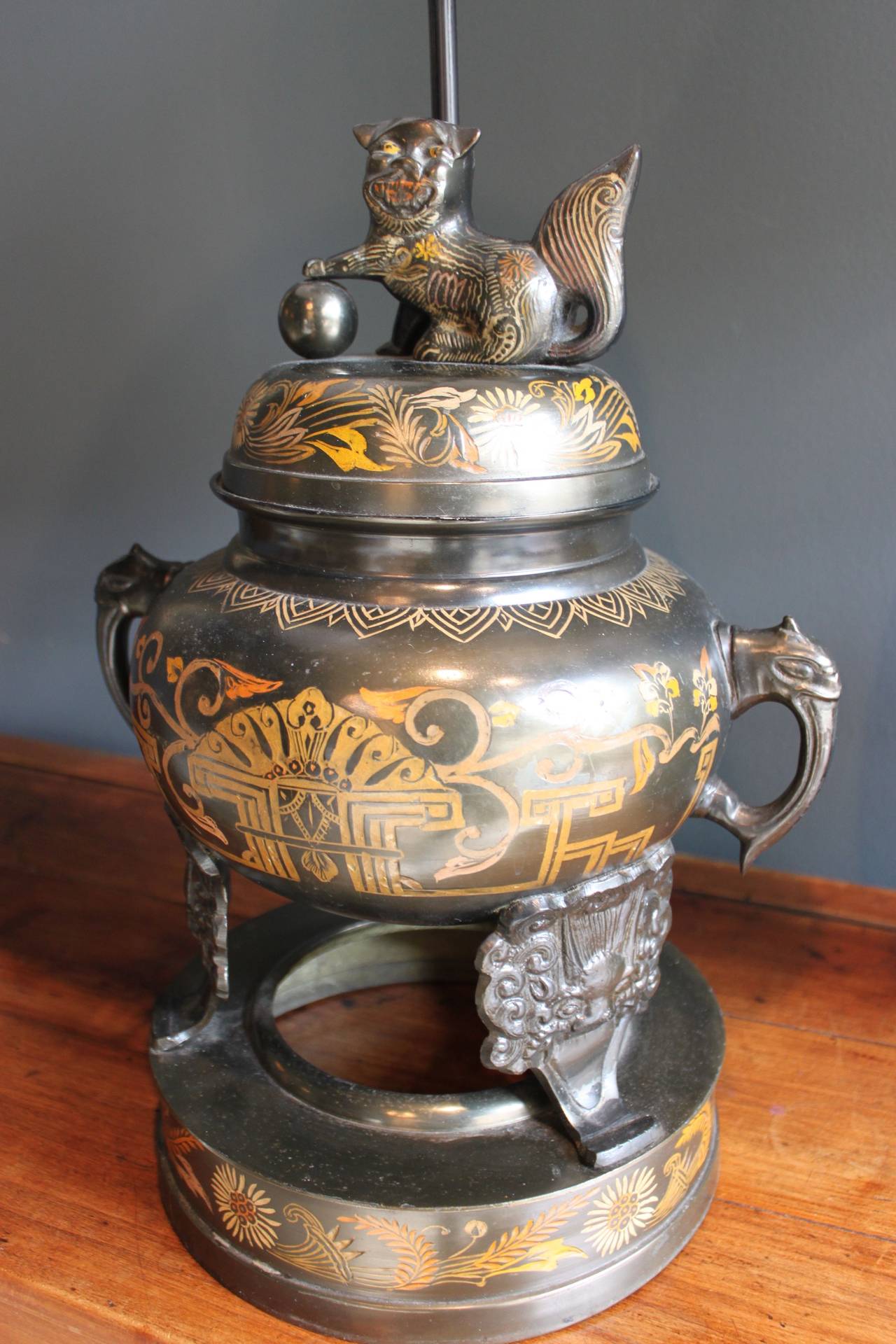 Bronze Pair of Marbro Censer Lamps with Foo Dogs and Elephant Handles