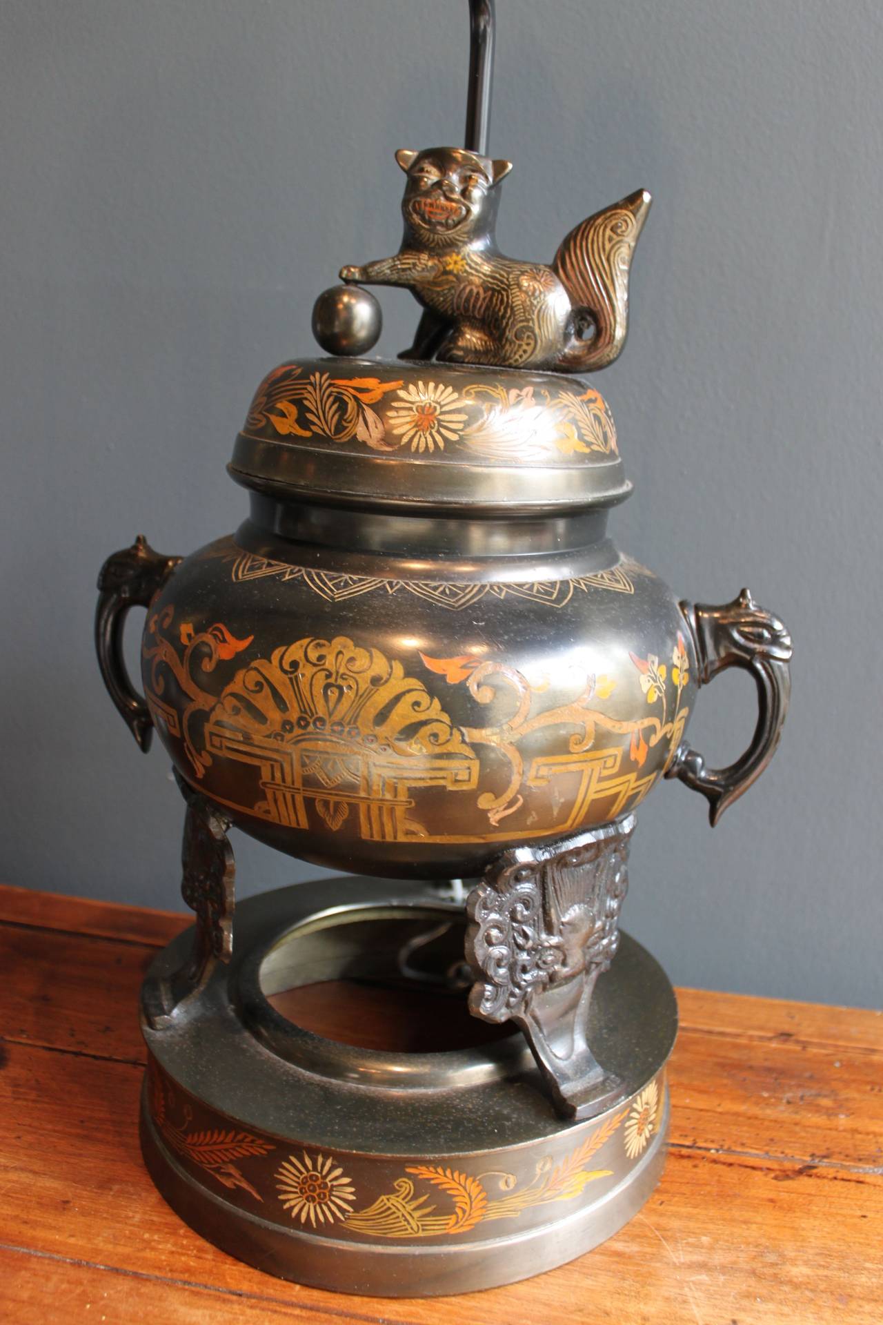 Pair of Marbro Censer Lamps with Foo Dogs and Elephant Handles 1