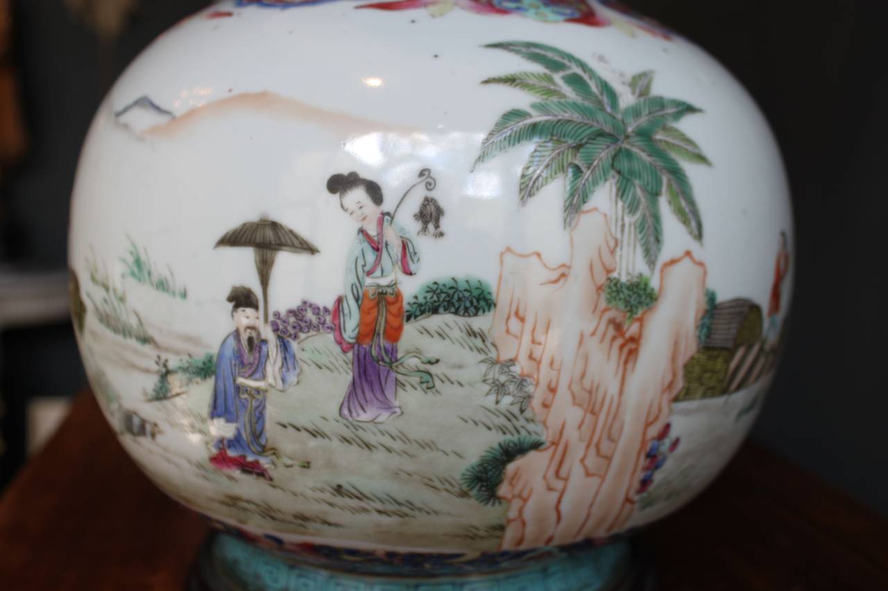 Chinese Polychrome Gourd Form Porcelain Lamp with Lion Handles, 19th Century 3