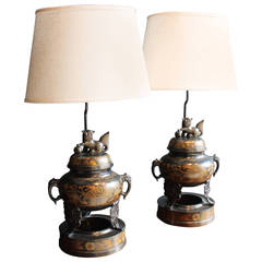 Pair of Marbro Censer Lamps with Foo Dogs and Elephant Handles