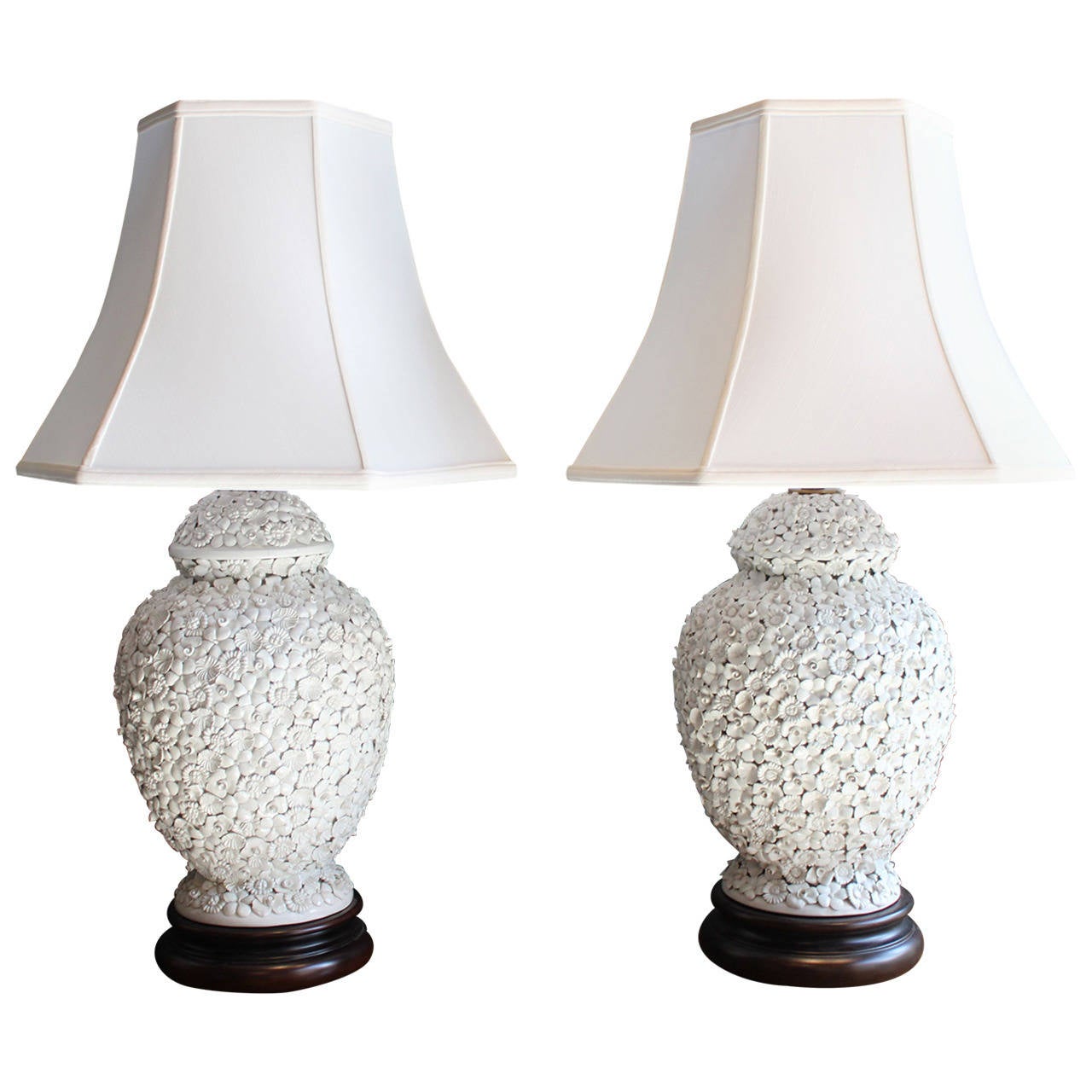 Pair Of Italian Porcelain Blanc De Chine Lamps With Applied Flowers Pair Of Italian Porcelain Blanc De Chine Lamps With Applied Flowers Circa 1920 For