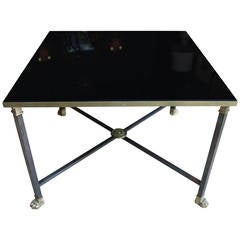 Maison Jansen Style French Steel, Brass and Black Opaline Glass Side Table