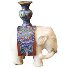 Chinese Marble Elephant with Cloisonne and Brass Tusks