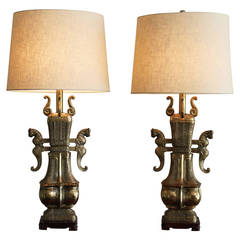 Pair of Monumental Brass Lamps in the Style of Marbro, circa 1970s 8