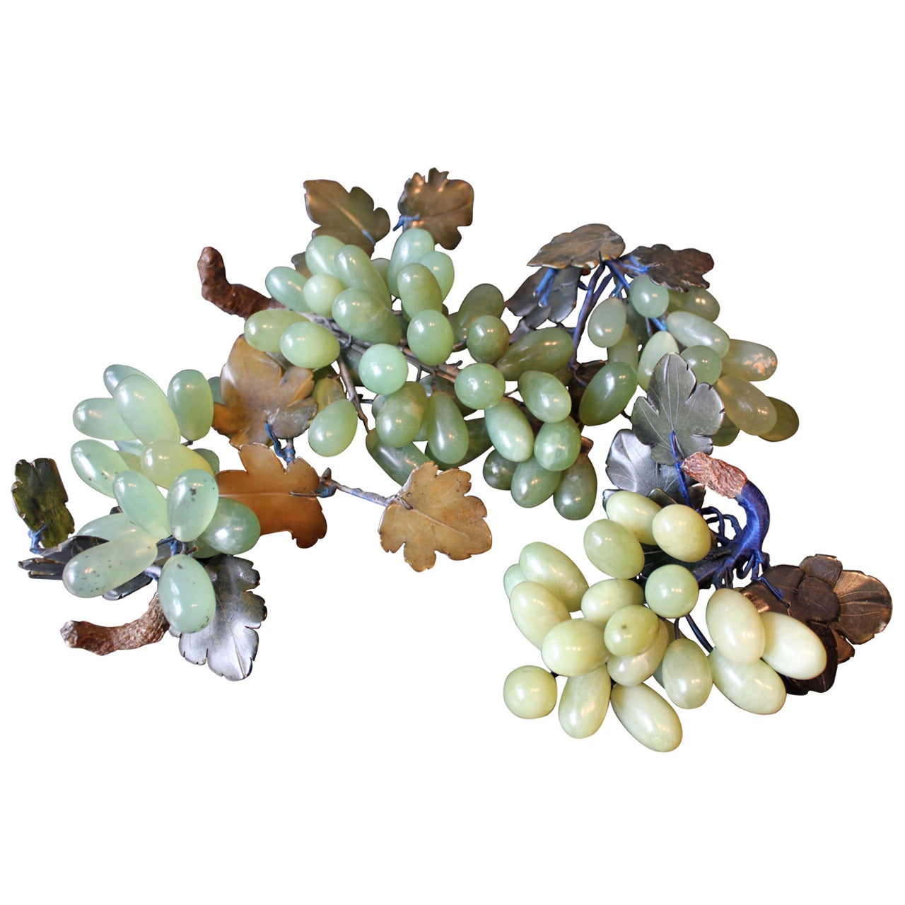 Collection of Four Chinese Jade Grapes on Wood, 20th Century For Sale