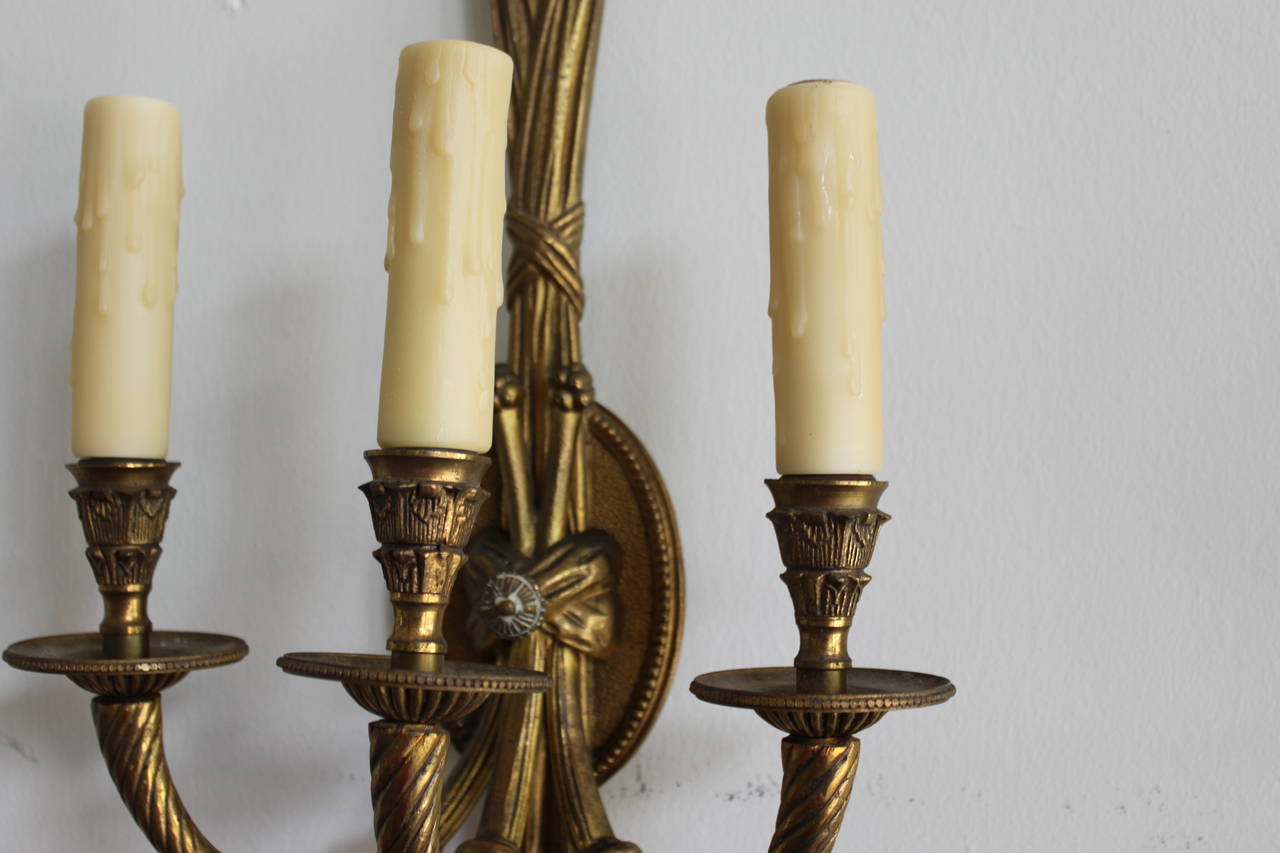 Pair of Three-Arm Brass French Wall Sconces In Good Condition In San Antonio, TX