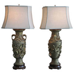 Pair of Monumental Chinese Bronze Urns as Lamps