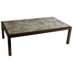 Bronze Cocktail Table with Brass and Acid Etched Mirror, circa 1970s Bronze Cocktail Table with Brass and Acid Etched Mirror, circa 1970s