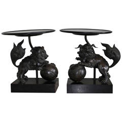 Pair of James Mont Bronze Foo Dog Tables with Ebony Tops, circa 1940s