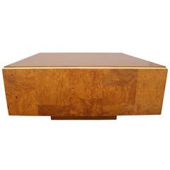Burl Wood Milo Baughman Square Coffee Table with Brass Trim, circa 1970s