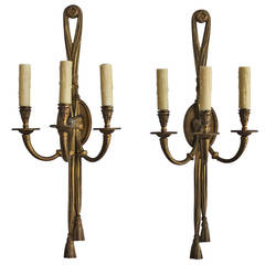 Pair of Three-Arm Brass French Wall Sconces