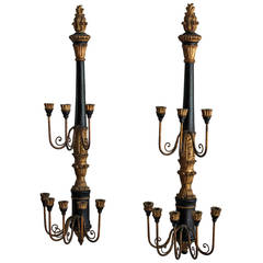Large Pair of Italian Neoclassical Ebonized and Giltwood Sconces