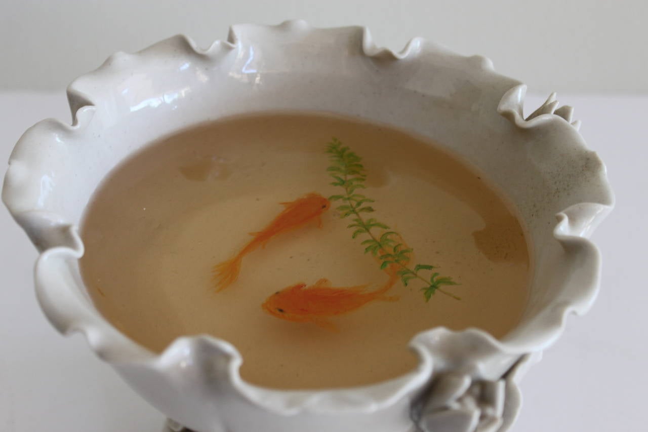 Lifelike Three-Dimensional Painting of Koi in a Blanc de Chine Pedestal Bowl In Excellent Condition In San Antonio, TX