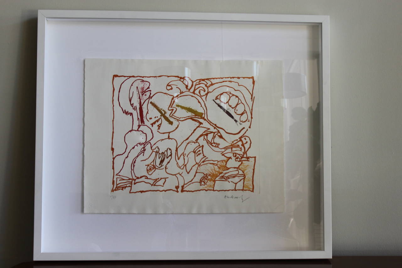 Pierre Alechinsky was a leading artist of the cobra art movement.
This limited edition print is from that period of his work. It is signed in pencil by the artist on the lower right and numbered 22 of 85. In lively variations of color in orange and