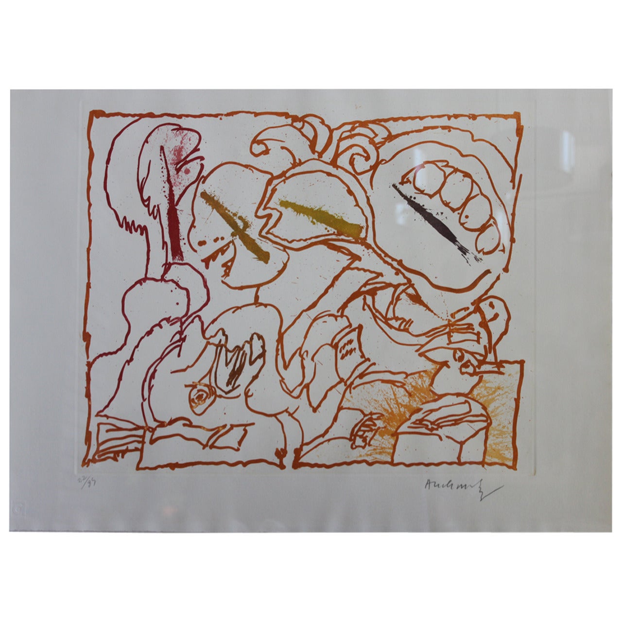 "Janvier Orange" Print by Pierre Alechinsky Signed and Numbered, 1968
