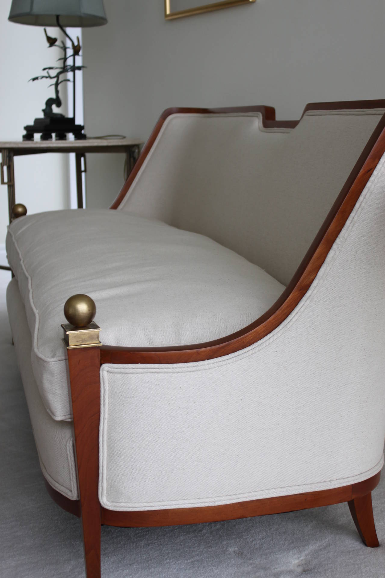 Art Deco Settee, Style of André Arbus, with Bronze Ball Detail and Sabot, circa 1940