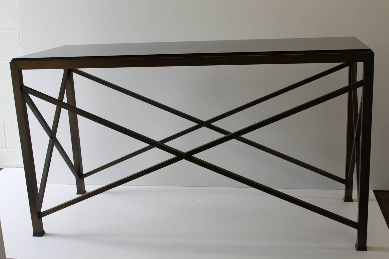 Modern Michael Larocca Console Table in Bronze with Smoked Glass Top