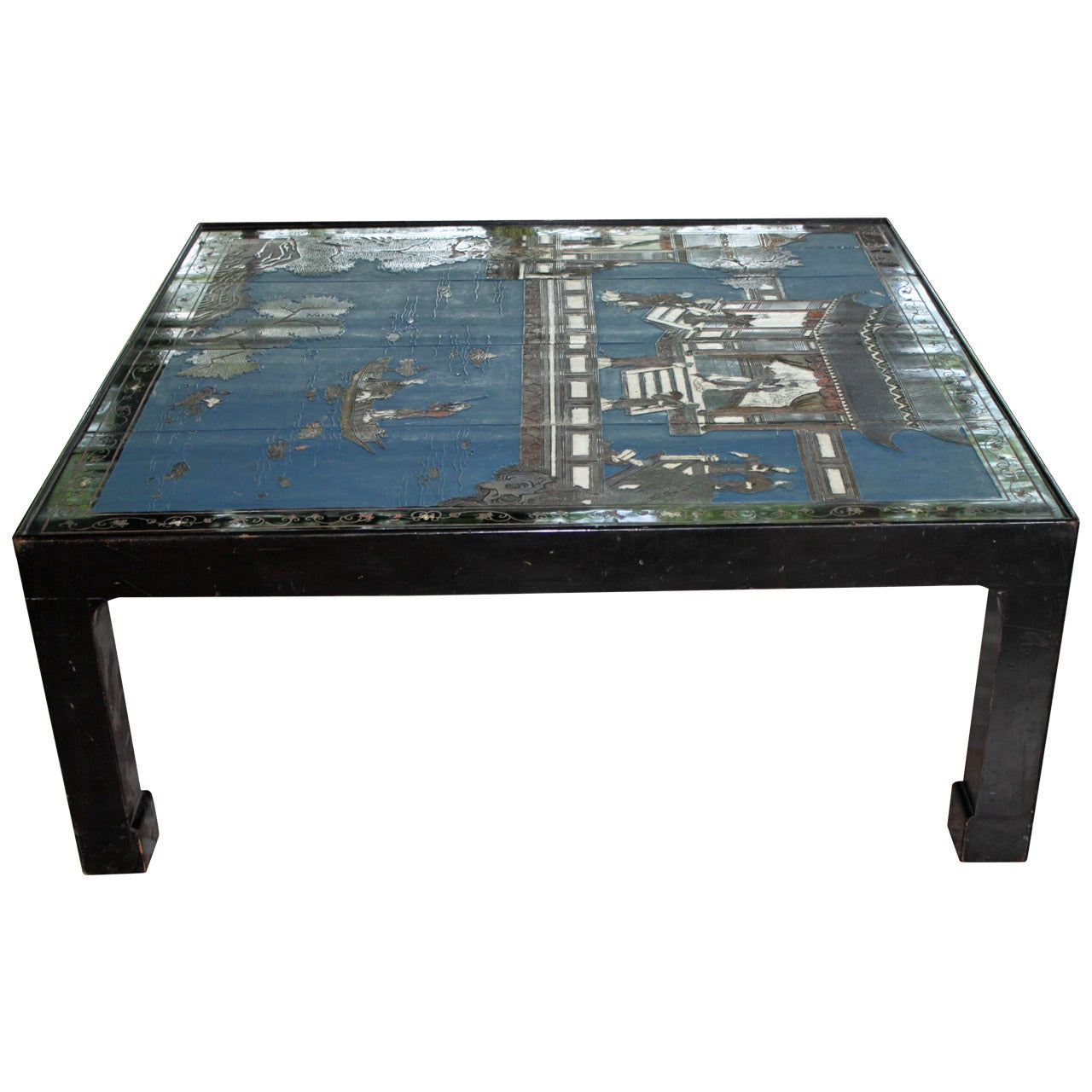 Chinoiserie Coffee or Cocktail Table with Chinese Screen, circa 1950 For Sale