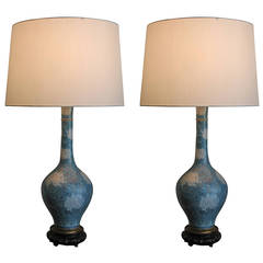 Pair of Chinese Blue and White Porcelain Chrysanthemum Lamps