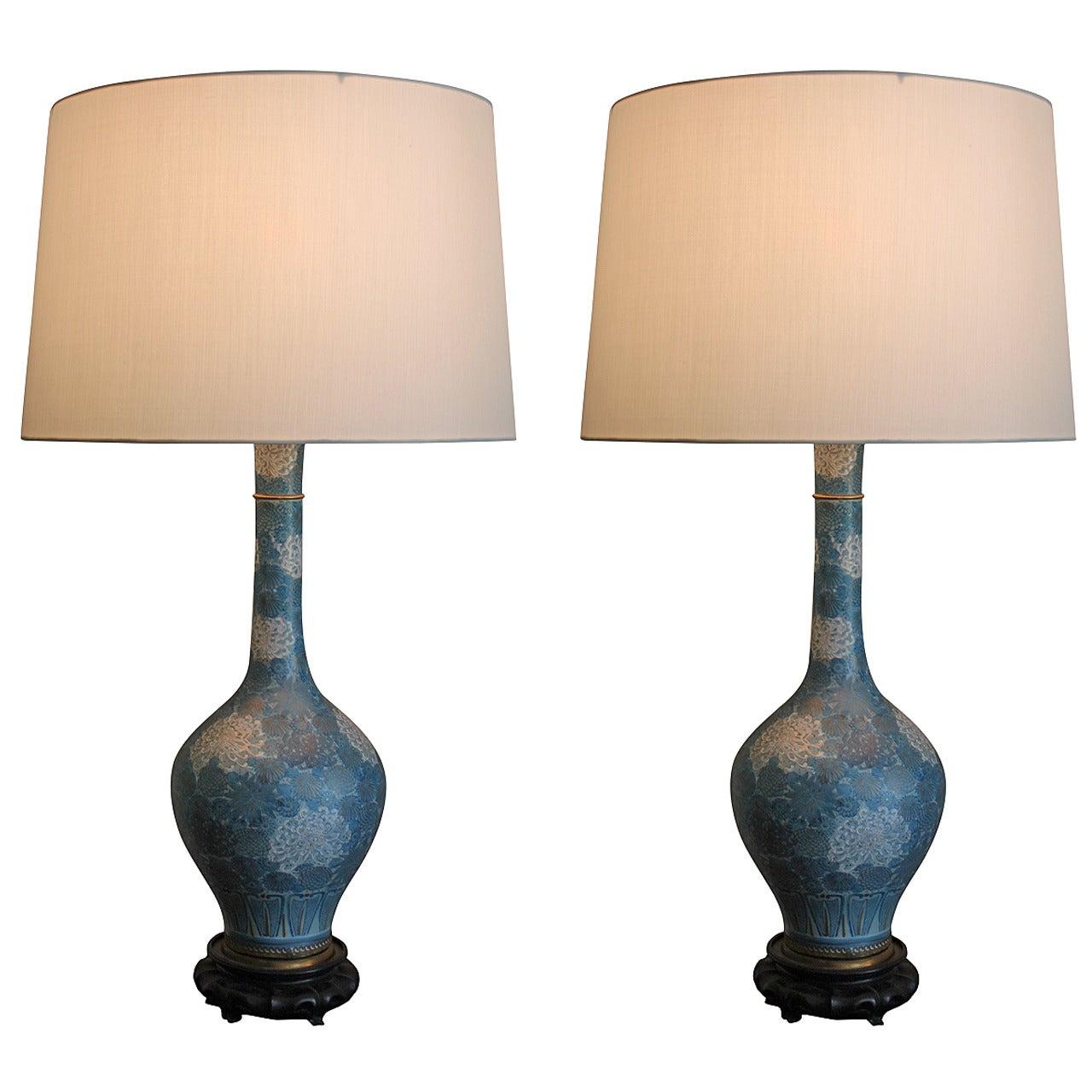 Pair of Chinese Blue and White Porcelain Chrysanthemum Lamps