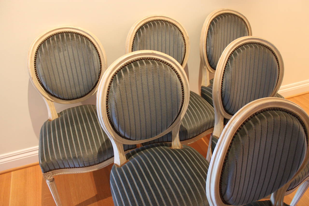 Set of Six Louis XVI Style Painted Dining or Side Chairs, France 20th Century